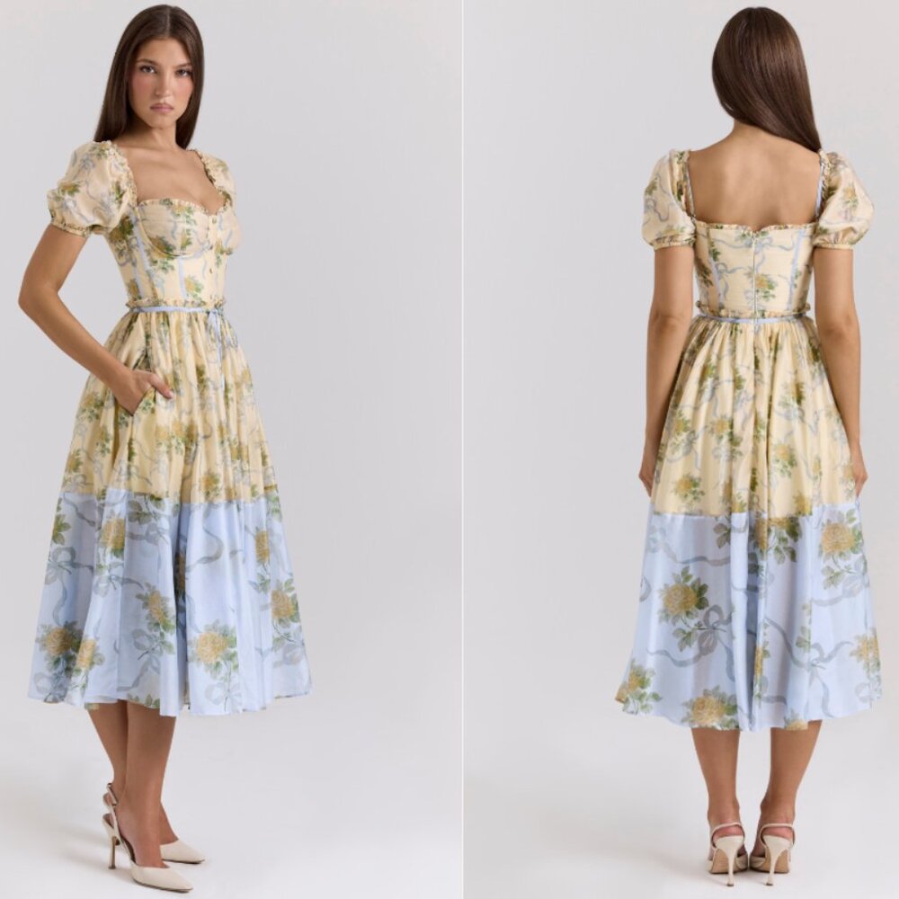 House of CB 'Penelope' lemon vintage rose chiffon midi dress NWOT - Picture 2 of 9